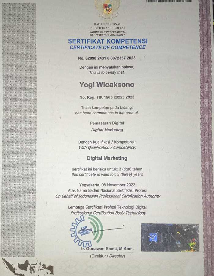 Sertifikat BNSP Digital Marketing Yogi